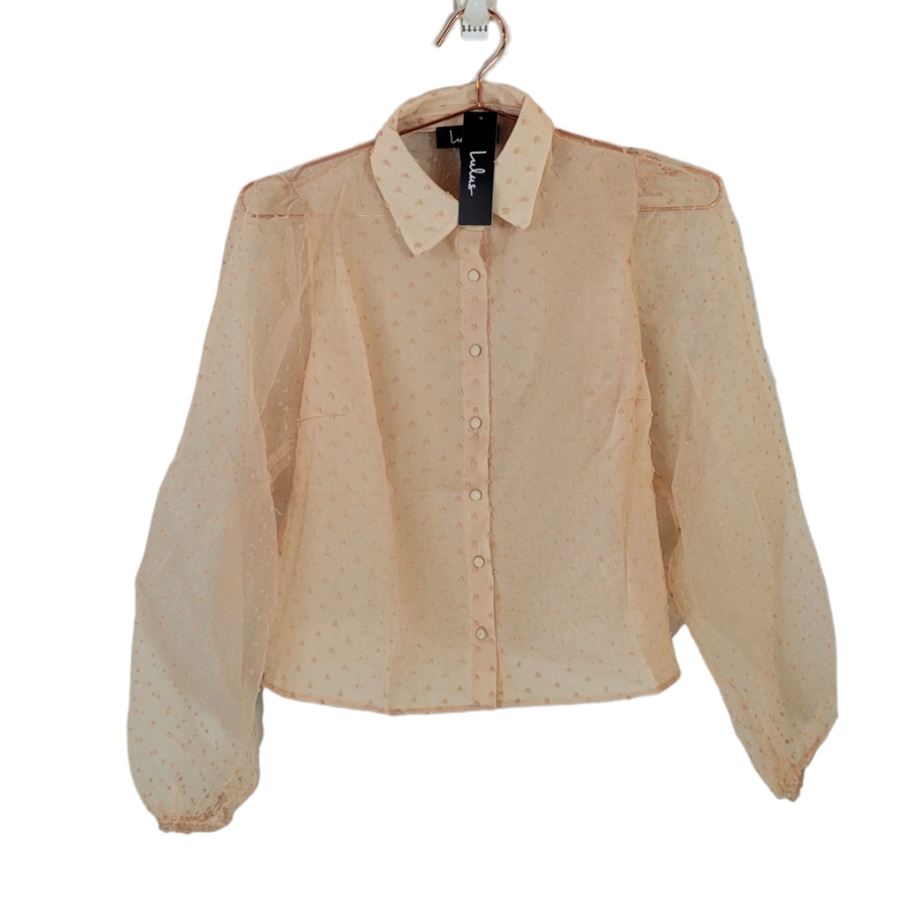 LULU'S Beige Long Sleeve Swiss Dot Sheer Button Front Shirt Size XS